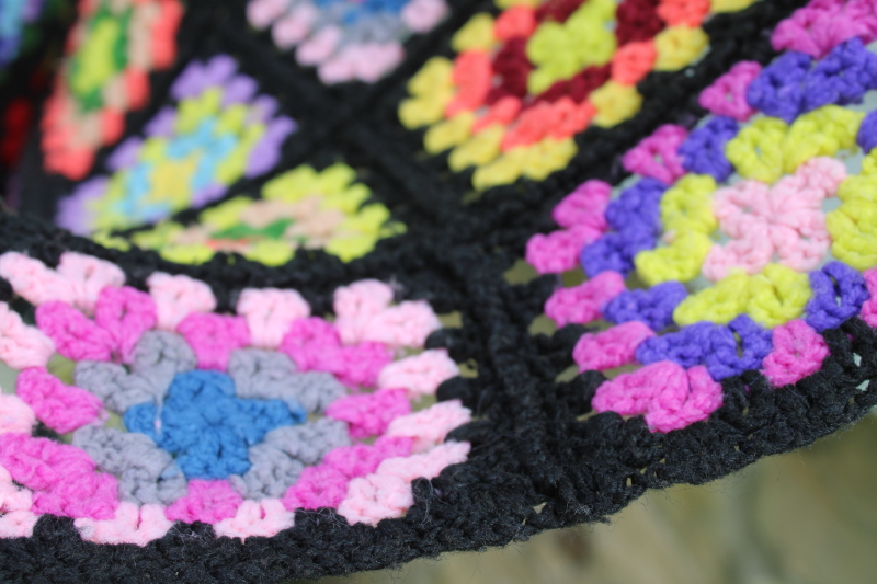 photo of Roseanne afghan, vintage granny squares crochet blanket, bright rainbow colors w/ black  #6