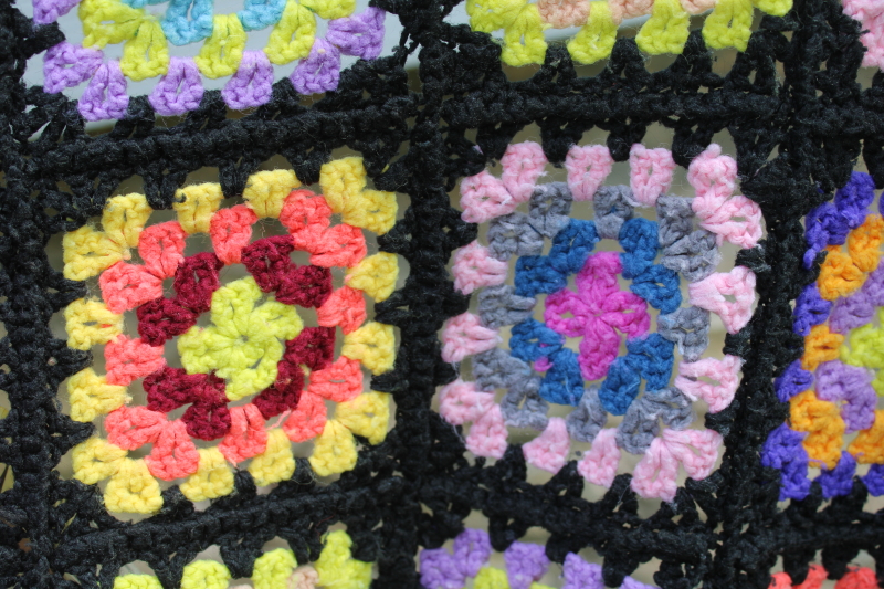 photo of Roseanne afghan, vintage granny squares crochet blanket, bright rainbow colors w/ black  #7