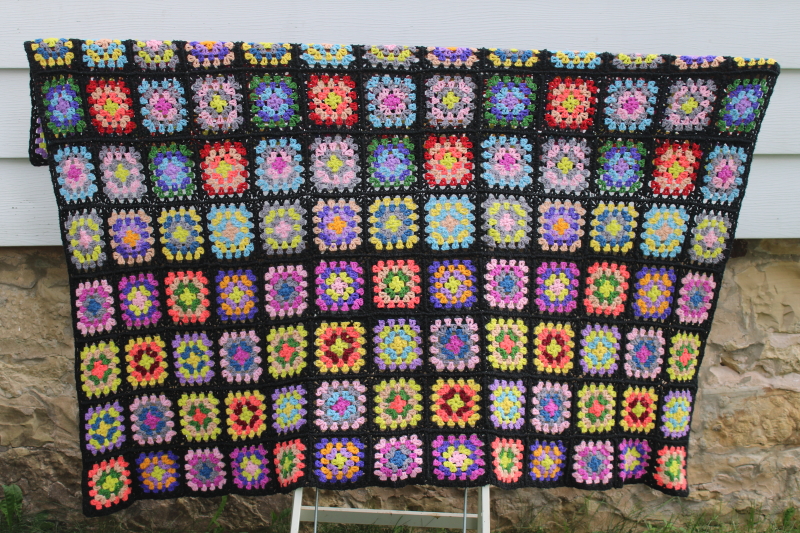 photo of Roseanne afghan, vintage granny squares crochet blanket, bright rainbow colors w/ black  #8