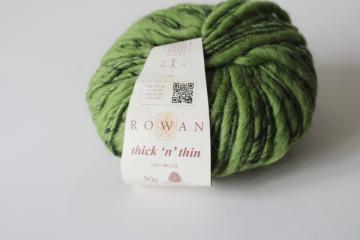 catalog photo of Rowan thick n thin wool yarn, chunky homespun texture 50 gram ball greenstone green 