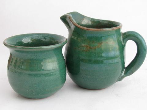 photo of Rowantree pottery Bluehill Maine, small green cream pitcher & sugar bowl #1