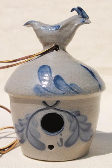 photo of Rowe pottery birdhouse, vintage salt glazed stoneware bird house garden ornament #1