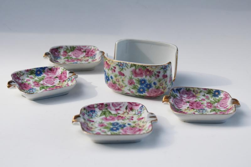 photo of Royal Chintz floral china ashtray set, tiny ladylike ashtrays mid-century vintage Japan #1