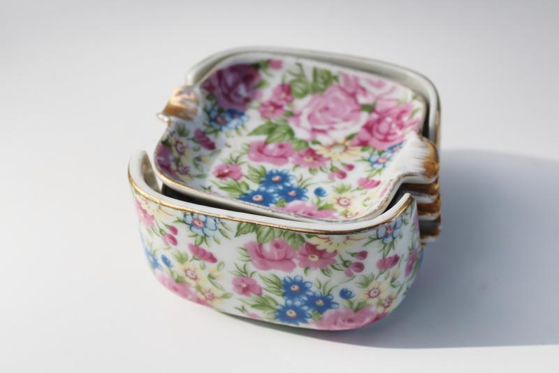 photo of Royal Chintz floral china ashtray set, tiny ladylike ashtrays mid-century vintage Japan #2