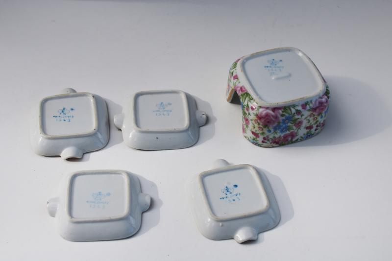 photo of Royal Chintz floral china ashtray set, tiny ladylike ashtrays mid-century vintage Japan #3