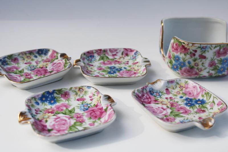 photo of Royal Chintz floral china ashtray set, tiny ladylike ashtrays mid-century vintage Japan #5