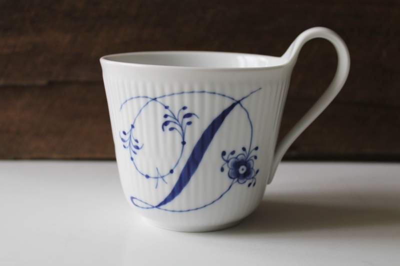 photo of Royal Copenhagen blue & white porcelain high handle mug w/ monogram letter D, alphabet pattern #1