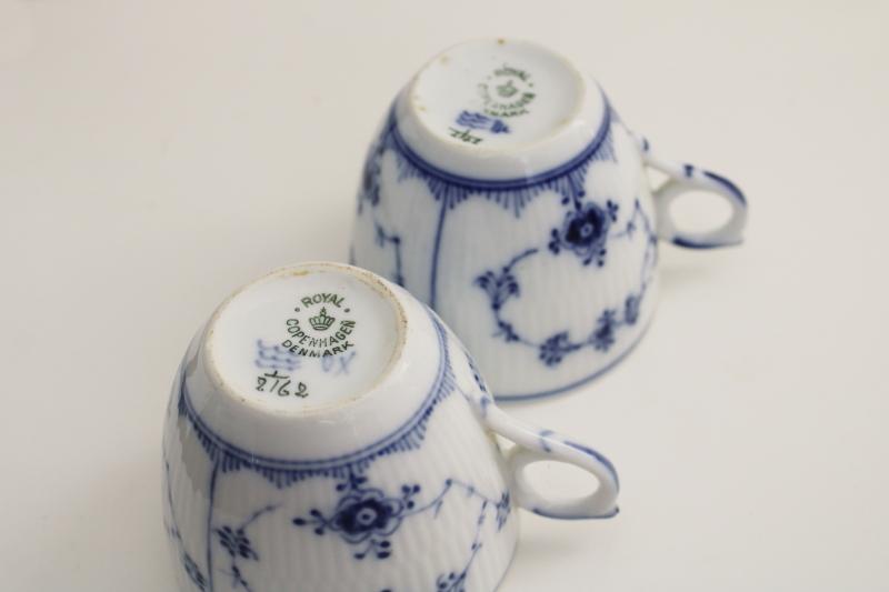 photo of Royal Copenhagen vintage porcelain tea cups, white & blue fluted (plain) pattern #2