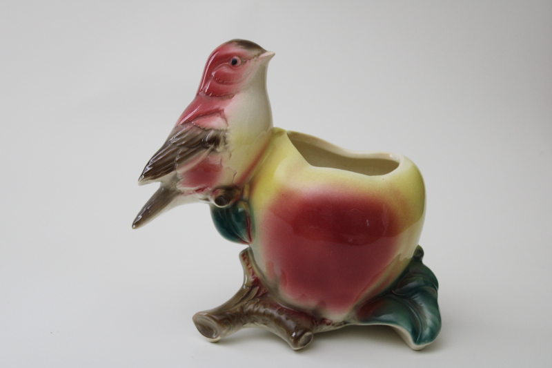 photo of Royal Copley ceramic small bird w/ large apple, mid century vintage pottery planter #1