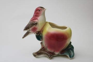 catalog photo of Royal Copley ceramic small bird w/ large apple, mid century vintage pottery planter