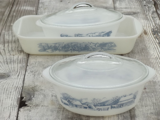 photo of Royal Currier & Ives Glasbake vintage kitchen glass casseroles, baking pans #1