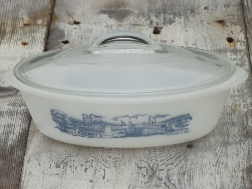 photo of Royal Currier & Ives Glasbake vintage kitchen glass casseroles, baking pans #7