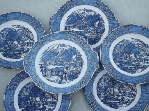 photo of Royal Currier & Ives blue and white china dinner plates and platters #1