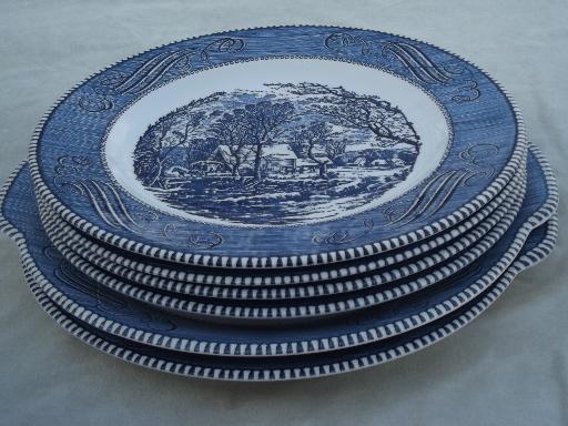 photo of Royal Currier & Ives blue and white china dinner plates and platters #2