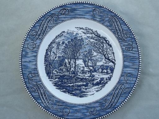photo of Royal Currier & Ives blue and white china dinner plates and platters #3