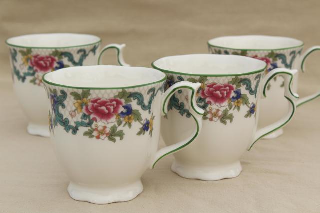 photo of Royal Doulton Floradora green trim floral china made in England, set of 4 mugs #1