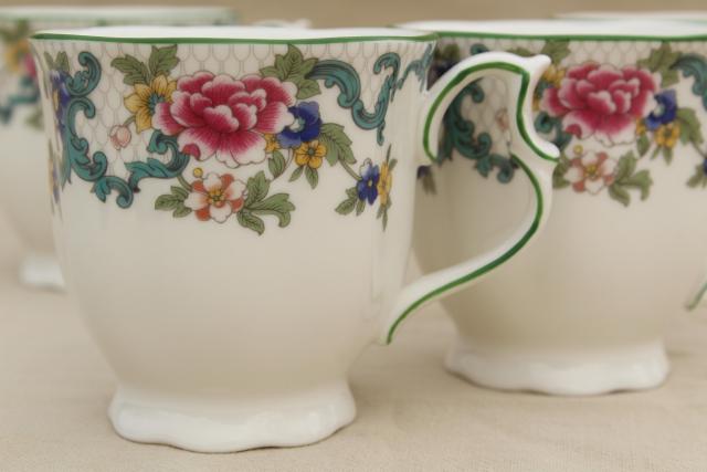 photo of Royal Doulton Floradora green trim floral china made in England, set of 4 mugs #2