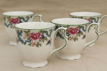 catalog photo of Royal Doulton Floradora green trim floral china made in England, set of 4 mugs