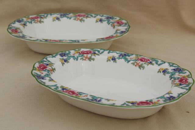 photo of Royal Doulton Floradora green trim floral china, pair oval bowl serving dishes #1