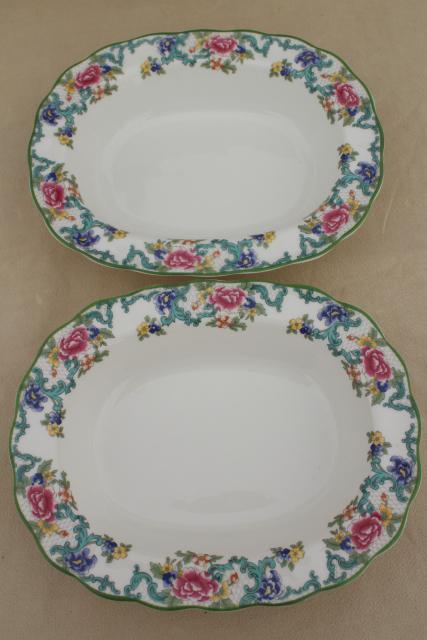 photo of Royal Doulton Floradora green trim floral china, pair oval bowl serving dishes #2