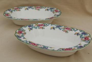 catalog photo of Royal Doulton Floradora green trim floral china, pair oval bowl serving dishes