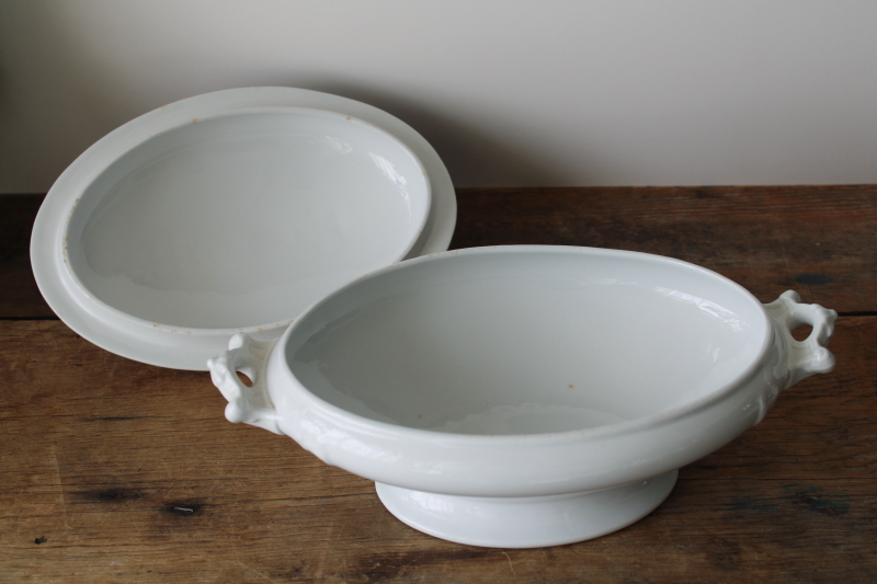 photo of Royal Ironstone China antique oval bowl serving dish w/ lid, plain all white ironstone  #2