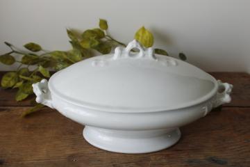 catalog photo of Royal Ironstone China antique oval bowl serving dish w/ lid, plain all white ironstone 