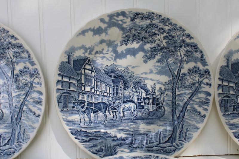 photo of Royal Mail blue transferware vintage Royal Wessex china dinner plates, coach & tudor houses #2