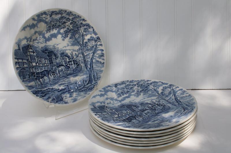 photo of Royal Mail blue transferware vintage Royal Wessex china dinner plates, coach & tudor houses #9