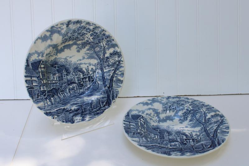 photo of Royal Mail blue transferware vintage Royal Wessex china soup bowls, coach & tudor houses #1