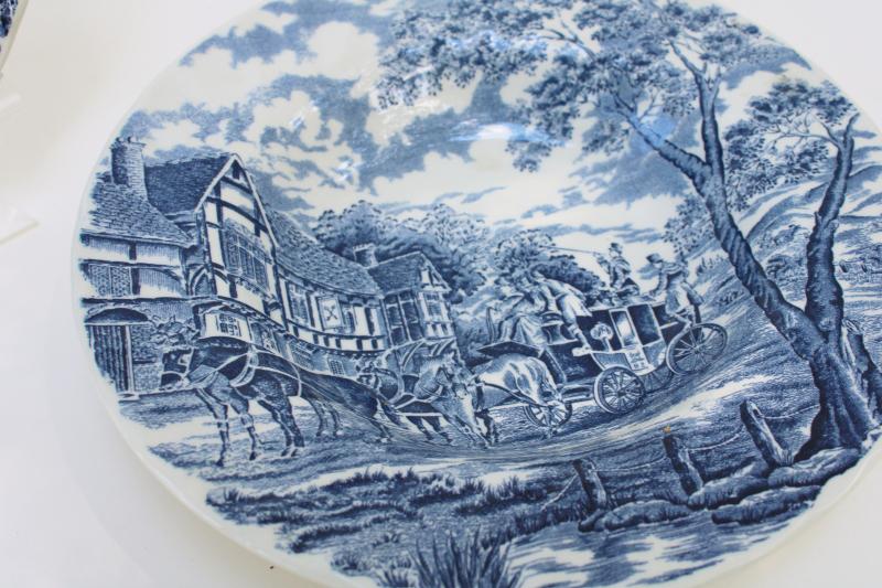 photo of Royal Mail blue transferware vintage Royal Wessex china soup bowls, coach & tudor houses #2