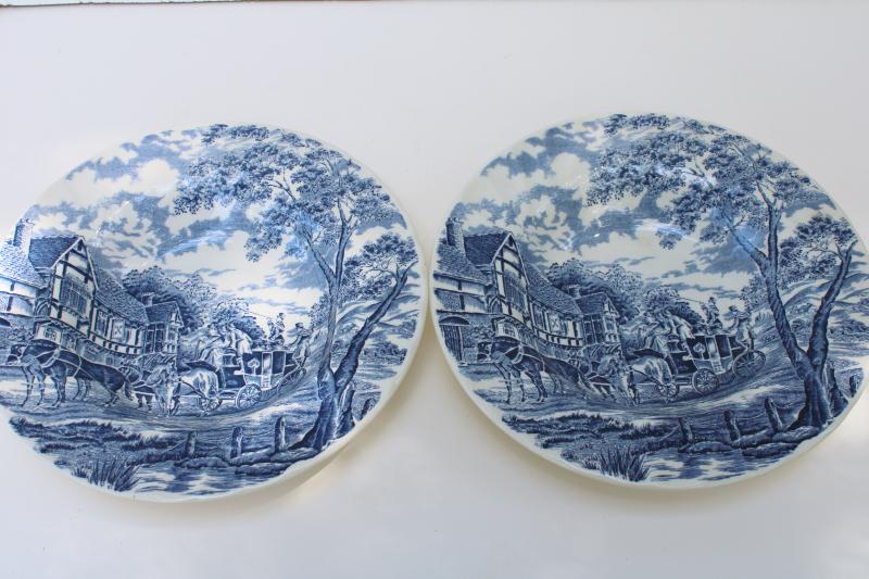 photo of Royal Mail blue transferware vintage Royal Wessex china soup bowls, coach & tudor houses #5