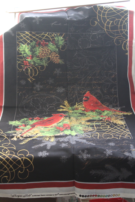 photo of Royal Red cardinal birds holiday print cotton fabric panels, Christmas craft fabric #1