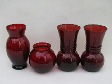 catalog photo of Royal Ruby red vintage Anchor Hocking glass vases lot, round ball vase etc.