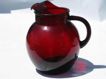 catalog photo of Royal Ruby red, vintage Anchor Hocking round ball glass pitcher