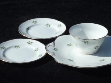 catalog photo of Royal Tara Irish green Shamrock china, cranberry bowl, plates, platter