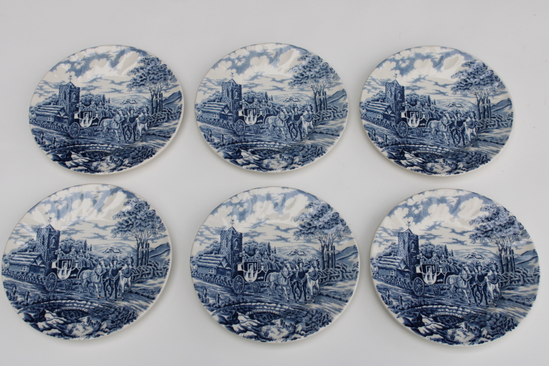 photo of Royal Wessex England vintage blue & white china bread & butter plates set of six, Royal Mail scene #1