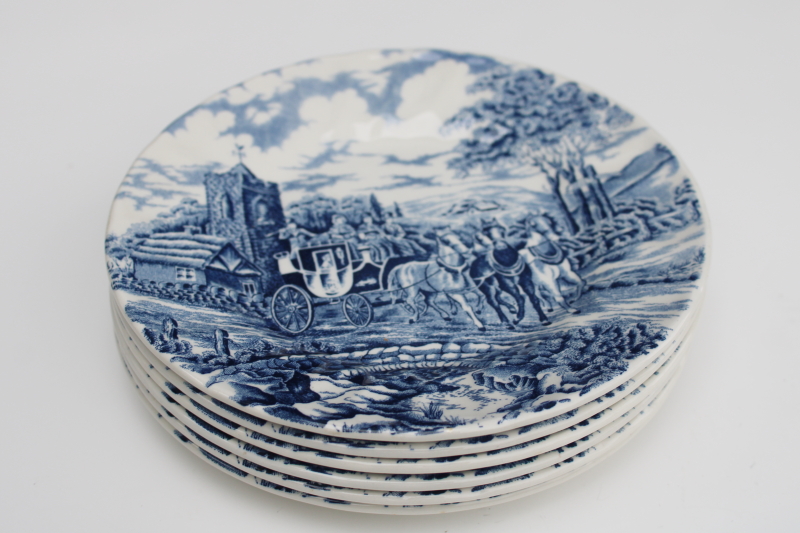 photo of Royal Wessex England vintage blue & white china bread & butter plates set of six, Royal Mail scene  #7