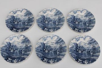 Royal Wessex England vintage blue & white china bread & butter plates set of six, Royal Mail scene 