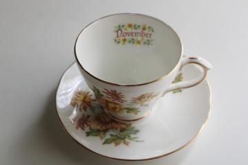 catalog photo of Royal Winchester English bone china tea cup & saucer, November birthday chrysanthemum flowers 