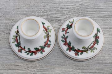 catalog photo of Royal Worcester Christmas Holly Ribbons pair of candle holders, made in England vintage