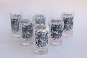 Royal blue & white Currier and Ives pattern drinking glasses, juice tumblers