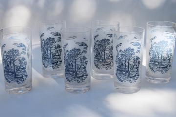 catalog photo of Royal blue & white Currier and Ives pattern drinking glasses, old grist mill tumblers