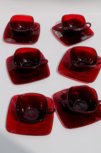 photo of Royal ruby red glass vintage Anchor Hocking Charm square glass cups & saucers #1