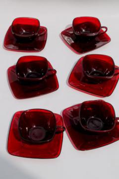 catalog photo of Royal ruby red glass vintage Anchor Hocking Charm square glass cups & saucers