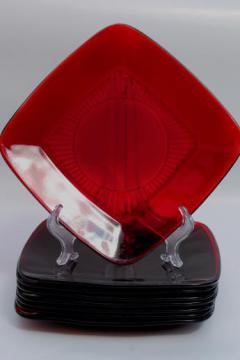 catalog photo of Royal ruby red glass vintage Anchor Hocking Charm square glass plates set of 8