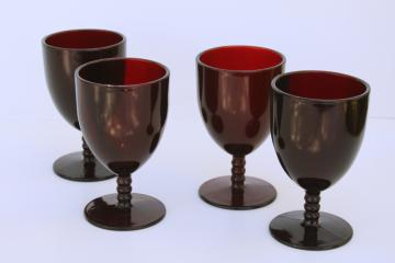 catalog photo of Royal ruby red glass water goblets or wine glasses, mid century vintage Anchor Hocking 