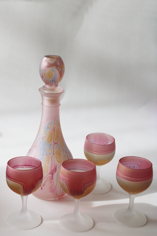photo of Rueven Nouveau glass vintage decanter bottle & glasses, satin finish painted pink marbled swirl colors  #1
