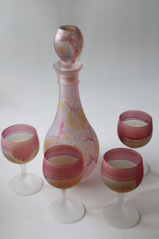 photo of Rueven Nouveau glass vintage decanter bottle & glasses, satin finish painted pink marbled swirl colors #2