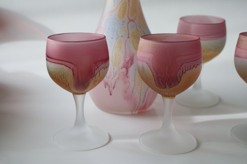 photo of Rueven Nouveau glass vintage decanter bottle & glasses, satin finish painted pink marbled swirl colors #3
